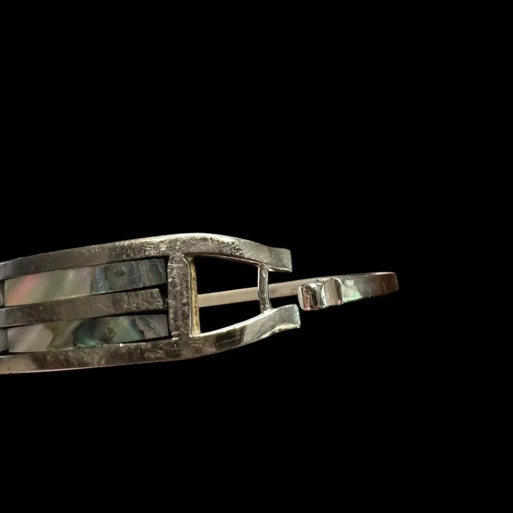 Vintage Alpaca Mexico Abalone Bangle Bracelet Silver Tone 7.5 in Signed Inlay